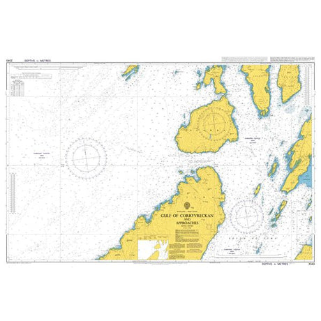 Product image of Admiralty Chart 2343 | Gulf of Corryvreckan and Approaches, featuring navigational markings, depth soundings, and coastal features, essential for safe marine navigation. It could be displayed as an art piece or used for navigation on a boat or ship.