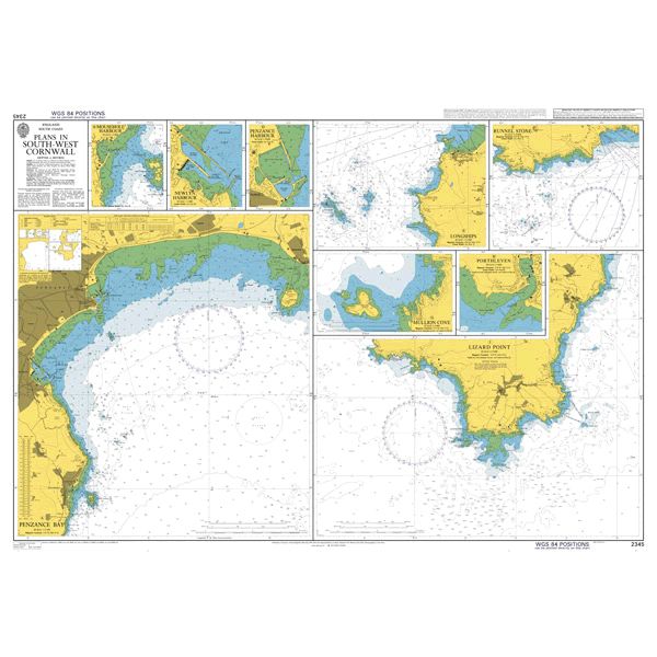 Product image of Admiralty Chart 2345 | Plans in South-West Cornwall, featuring navigational markings, depth soundings, and coastal features, essential for safe marine navigation. It could be displayed as an art piece or used for navigation on a boat or ship.