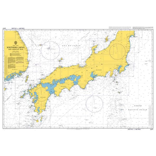 Product image of Admiralty Chart 2347 | Southern Japan and Adjacent Seas, featuring navigational markings, depth soundings, and coastal features, essential for safe marine navigation. It could be displayed as an art piece or used for navigation on a boat or ship.