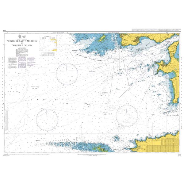 Product image of Admiralty Chart 2350 | Pointe de Saint-Mathieu to Chaussee de Sein, featuring navigational markings, depth soundings, and coastal features, essential for safe marine navigation. It could be displayed as an art piece or used for navigation on a boat or ship.