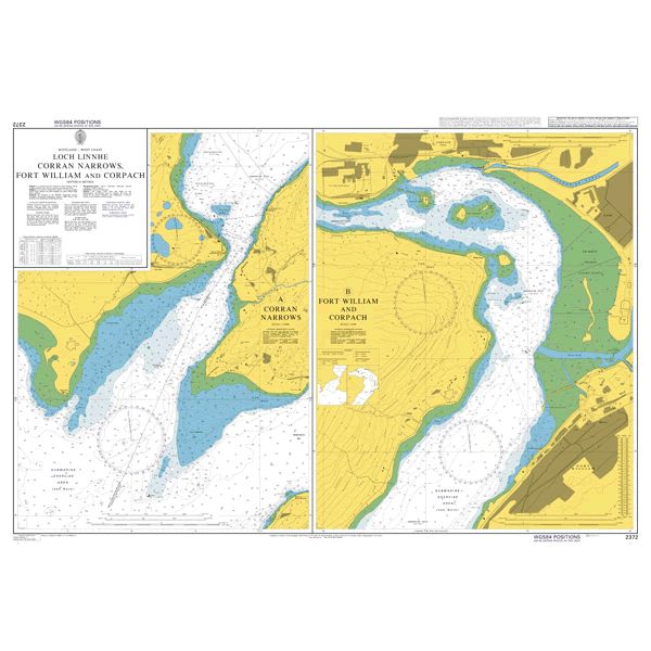 Product image of Admiralty Chart 2372 | Loch Linnhe Corran Narrows, Fort William and Corpach, featuring navigational markings, depth soundings, and coastal features, essential for safe marine navigation. It could be displayed as an art piece or used for navigation on a boat or ship.