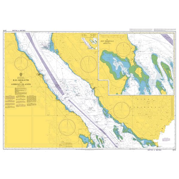 Product image of Admiralty Chart 2374 | Ra's Sharatib to Juzur Ashrafi, featuring navigational markings, depth soundings, and coastal features, essential for safe marine navigation. It could be displayed as an art piece or used for navigation on a boat or ship.