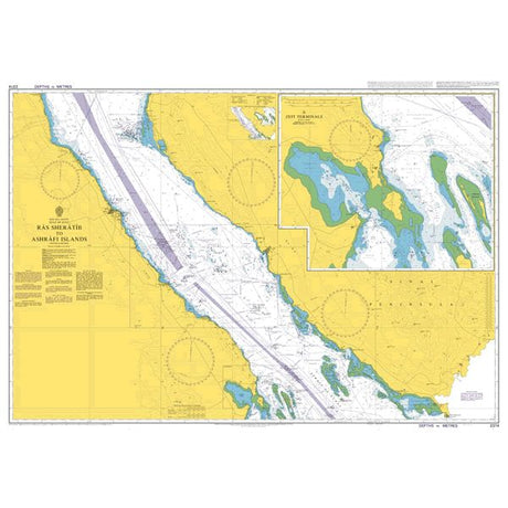 Product image of Admiralty Chart 2374 | Ra's Sharatib to Juzur Ashrafi, featuring navigational markings, depth soundings, and coastal features, essential for safe marine navigation. It could be displayed as an art piece or used for navigation on a boat or ship.