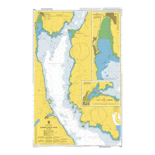 Product image of Admiralty Chart 2381 | Lower Loch Fyne, featuring navigational markings, depth soundings, and coastal features, essential for safe marine navigation. It could be displayed as an art piece or used for navigation on a boat or ship.