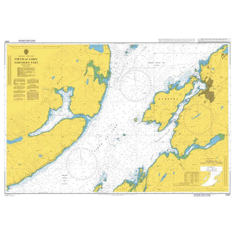 Product image of Admiralty Chart 2387 | Firth of Lorn Northern Part, featuring navigational markings, depth soundings, and coastal features, essential for safe marine navigation. It could be displayed as an art piece or used for navigation on a boat or ship.