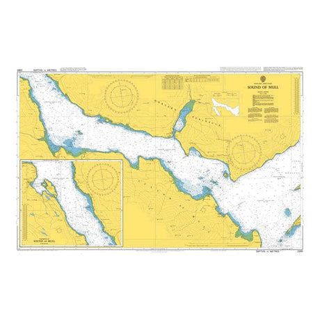 Product image of Admiralty Chart 2390 | Sound of Mull, featuring navigational markings, depth soundings, and coastal features, essential for safe marine navigation. It could be displayed as an art piece or used for navigation on a boat or ship.