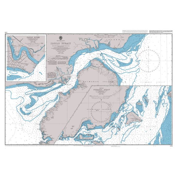 Product image of Admiralty Chart 2391 | Iloilo Strait, featuring navigational markings, depth soundings, and coastal features, essential for safe marine navigation. It could be displayed as an art piece or used for navigation on a boat or ship.