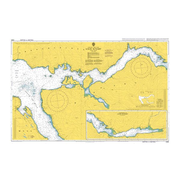 Product image of Admiralty Chart 2394 | Loch Sunart, featuring navigational markings, depth soundings, and coastal features, essential for safe marine navigation. It could be displayed as an art piece or used for navigation on a boat or ship.