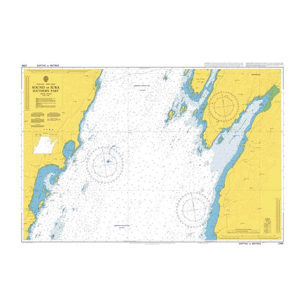 Product image of Admiralty Chart 2396 | Sound of Jura Southern Part, featuring navigational markings, depth soundings, and coastal features, essential for safe marine navigation. It could be displayed as an art piece or used for navigation on a boat or ship.