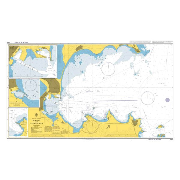 Product image of Admiralty Chart 2399 | Burgas and Approaches, featuring navigational markings, depth soundings, and coastal features, essential for safe marine navigation. It could be displayed as an art piece or used for navigation on a boat or ship.