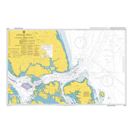 Product image of Admiralty Chart 2403 | Singapore Strait and Eastern Approaches, featuring navigational markings, depth soundings, and coastal features, essential for safe marine navigation. It could be displayed as an art piece or used for navigation on a boat or ship.