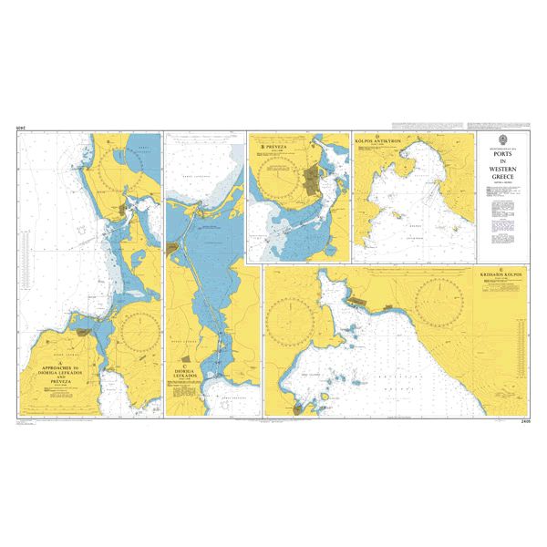 Product image of Admiralty Chart 2405 | Ports in Western Greece, featuring navigational markings, depth soundings, and coastal features, essential for safe marine navigation. It could be displayed as an art piece or used for navigation on a boat or ship.