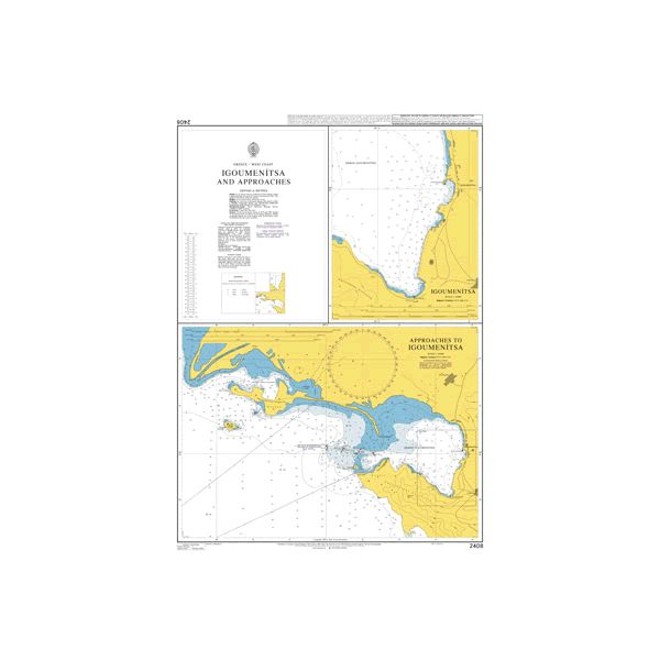 Product image of Admiralty Chart 2408 | Igoumenitsa and Approaches, featuring navigational markings, depth soundings, and coastal features, essential for safe marine navigation. It could be displayed as an art piece or used for navigation on a boat or ship.