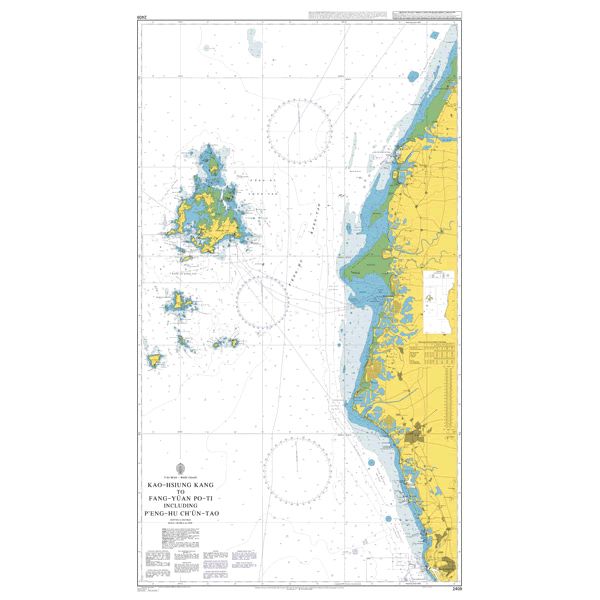 Product image of Admiralty Chart 2409 | Kaohsiung Port to Fangyuan Po-ti including Penghu Islands, featuring navigational markings, depth soundings, and coastal features, essential for safe marine navigation. It could be displayed as an art piece or used for navigation on a boat or ship.