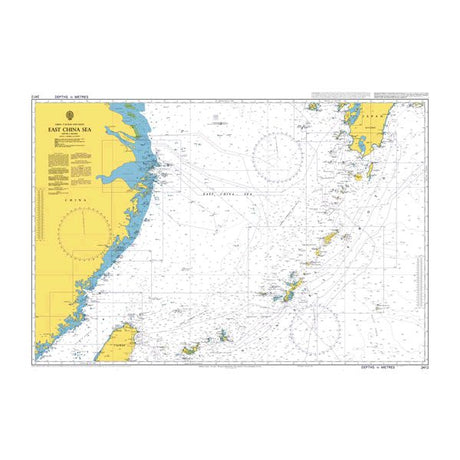 Product image of Admiralty Chart 2412 | East China Sea, featuring navigational markings, depth soundings, and coastal features, essential for safe marine navigation. It could be displayed as an art piece or used for navigation on a boat or ship.