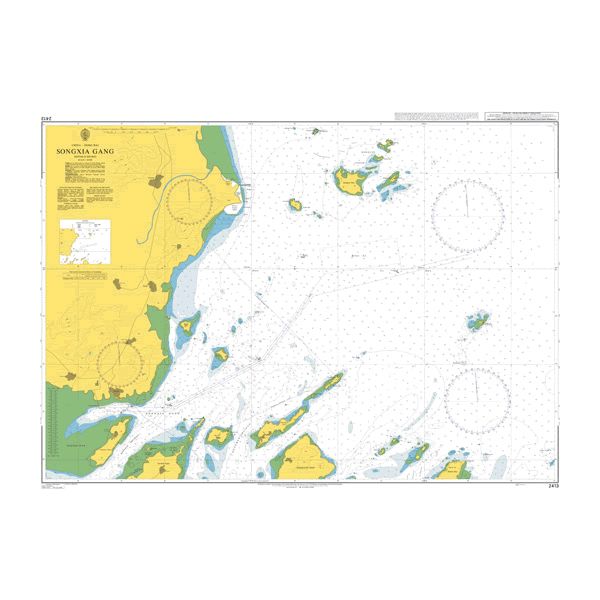 Product image of Admiralty Chart 2413 | Songxia Gang, featuring navigational markings, depth soundings, and coastal features, essential for safe marine navigation. It could be displayed as an art piece or used for navigation on a boat or ship.