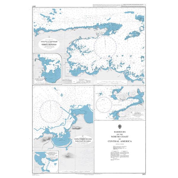 Product image of Admiralty Chart 2417 | Harbours on the North Coast of Central America, featuring navigational markings, depth soundings, and coastal features, essential for safe marine navigation. It could be displayed as an art piece or used for navigation on a boat or ship.