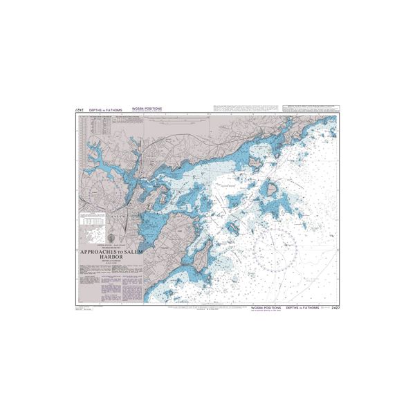 Product image of Admiralty Chart 2427 | Approaches to Salem Harbor, featuring navigational markings, depth soundings, and coastal features, essential for safe marine navigation. It could be displayed as an art piece or used for navigation on a boat or ship.