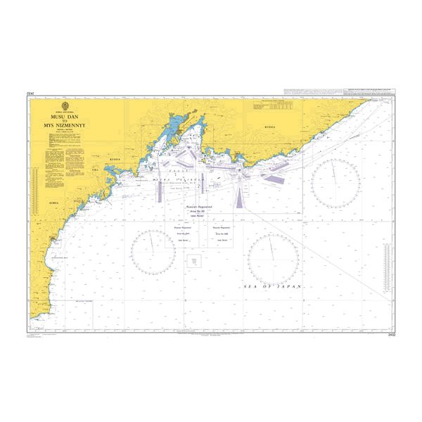 Product image of Admiralty Chart 2432 | Musu Dan to Mys Nizmennyy, featuring navigational markings, depth soundings, and coastal features, essential for safe marine navigation. It could be displayed as an art piece or used for navigation on a boat or ship.