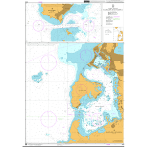 Product image of Admiralty Chart 2434 | Bahia de Cartagena, featuring navigational markings, depth soundings, and coastal features, essential for safe marine navigation. It could be displayed as an art piece or used for navigation on a boat or ship.