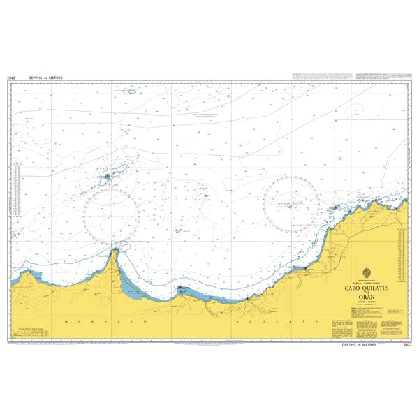 Product image of Admiralty Chart 2437 | Ras Tarf to Oran, featuring navigational markings, depth soundings, and coastal features, essential for safe marine navigation. It could be displayed as an art piece or used for navigation on a boat or ship.