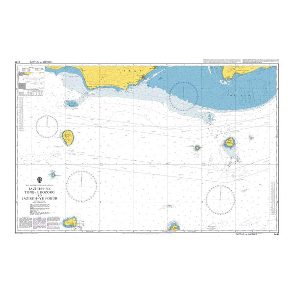 Product image of Admiralty Chart 2441 | Greater Tunb to Jazireh-ye Forur, featuring navigational markings, depth soundings, and coastal features, essential for safe marine navigation. It could be displayed as an art piece or used for navigation on a boat or ship.