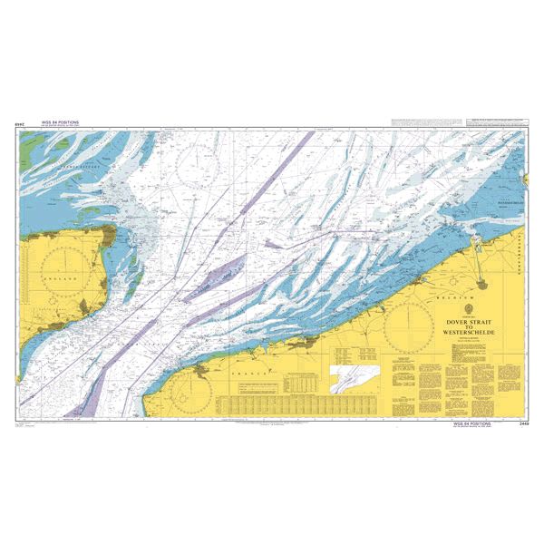 Product image of Admiralty Chart 2449 | Dover Strait to Westerschelde, featuring navigational markings, depth soundings, and coastal features, essential for safe marine navigation. It could be displayed as an art piece or used for navigation on a boat or ship.