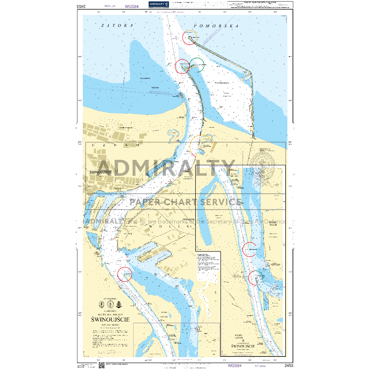 Product image of Admiralty Chart 2453 | Swinoujscie, featuring navigational markings, depth soundings, and coastal features, essential for safe marine navigation. It could be displayed as an art piece or used for navigation on a boat or ship.