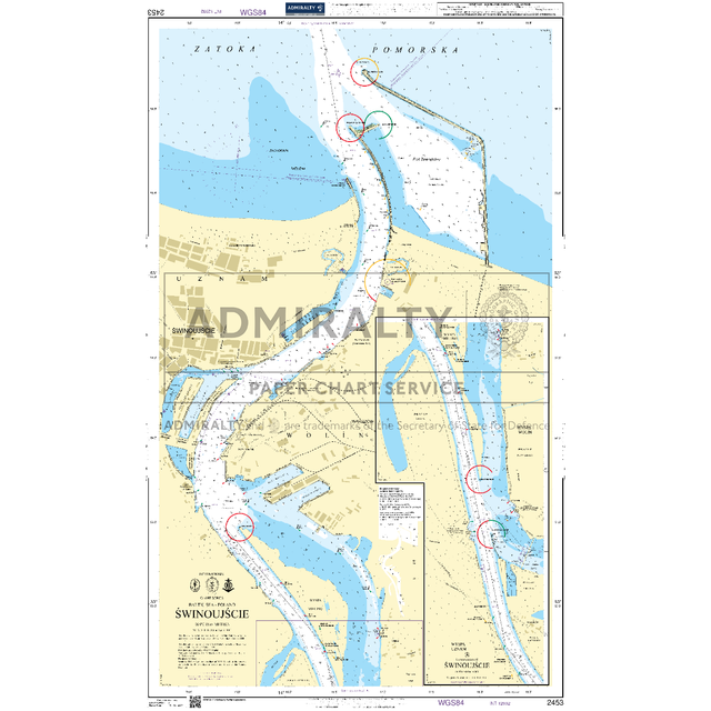 Product image of Admiralty Chart 2453 | Swinoujscie, featuring navigational markings, depth soundings, and coastal features, essential for safe marine navigation. It could be displayed as an art piece or used for navigation on a boat or ship.