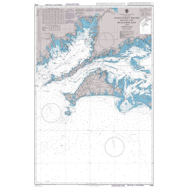 Product image of Admiralty Chart 2456 | Nantucket Sound Western Part Buzzards Bay and Approaches, featuring navigational markings, depth soundings, and coastal features, essential for safe marine navigation. It could be displayed as an art piece or used for navigation on a boat or ship.