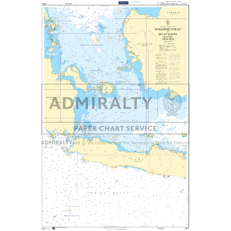 Product image of Admiralty Chart 2470 | Singapore Strait to Selat Sunda including Java Sea, featuring navigational markings, depth soundings, and coastal features, essential for safe marine navigation. It could be displayed as an art piece or used for navigation on a boat or ship.