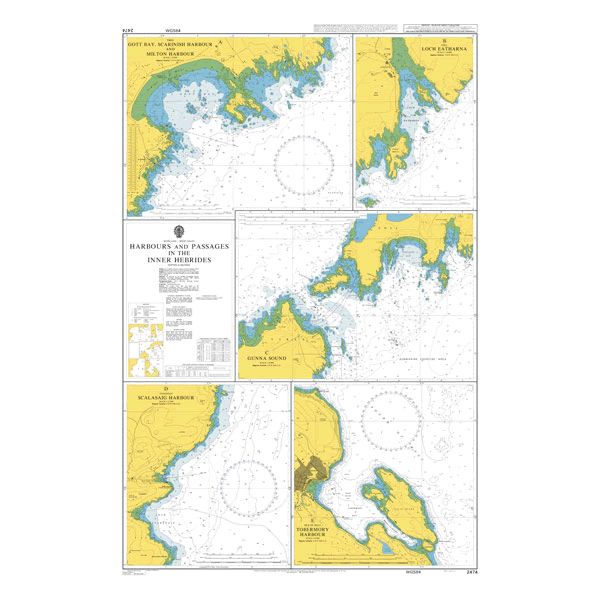 Product image of Admiralty Chart 2474 | Harbours and Passages in the Inner Hebrides, featuring navigational markings, depth soundings, and coastal features, essential for safe marine navigation. It could be displayed as an art piece or used for navigation on a boat or ship.