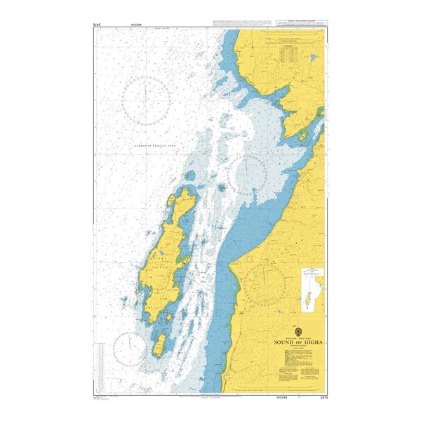 Product image of Admiralty Chart 2475 | Sound of Gigha, featuring navigational markings, depth soundings, and coastal features, essential for safe marine navigation. It could be displayed as an art piece or used for navigation on a boat or ship.