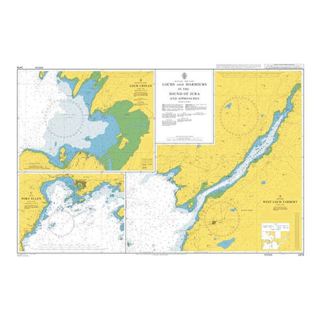 Product image of Admiralty Chart 2476 | Lochs and Harbours in the Sound of Jura and Approaches, featuring navigational markings, depth soundings, and coastal features, essential for safe marine navigation. It could be displayed as an art piece or used for navigation on a boat or ship.