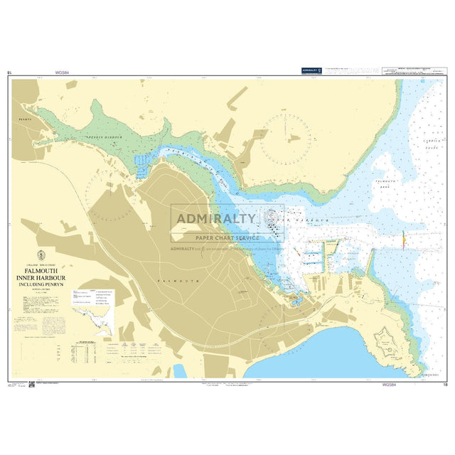 Admiralty Chart 18: Falmouth Inner Harbour, including Penryn by Admiralty, details land-water layouts with precise depth measurements and navigational aids essential for sailing, deep-sea navigation, and maritime operations along commercial shipping routes.