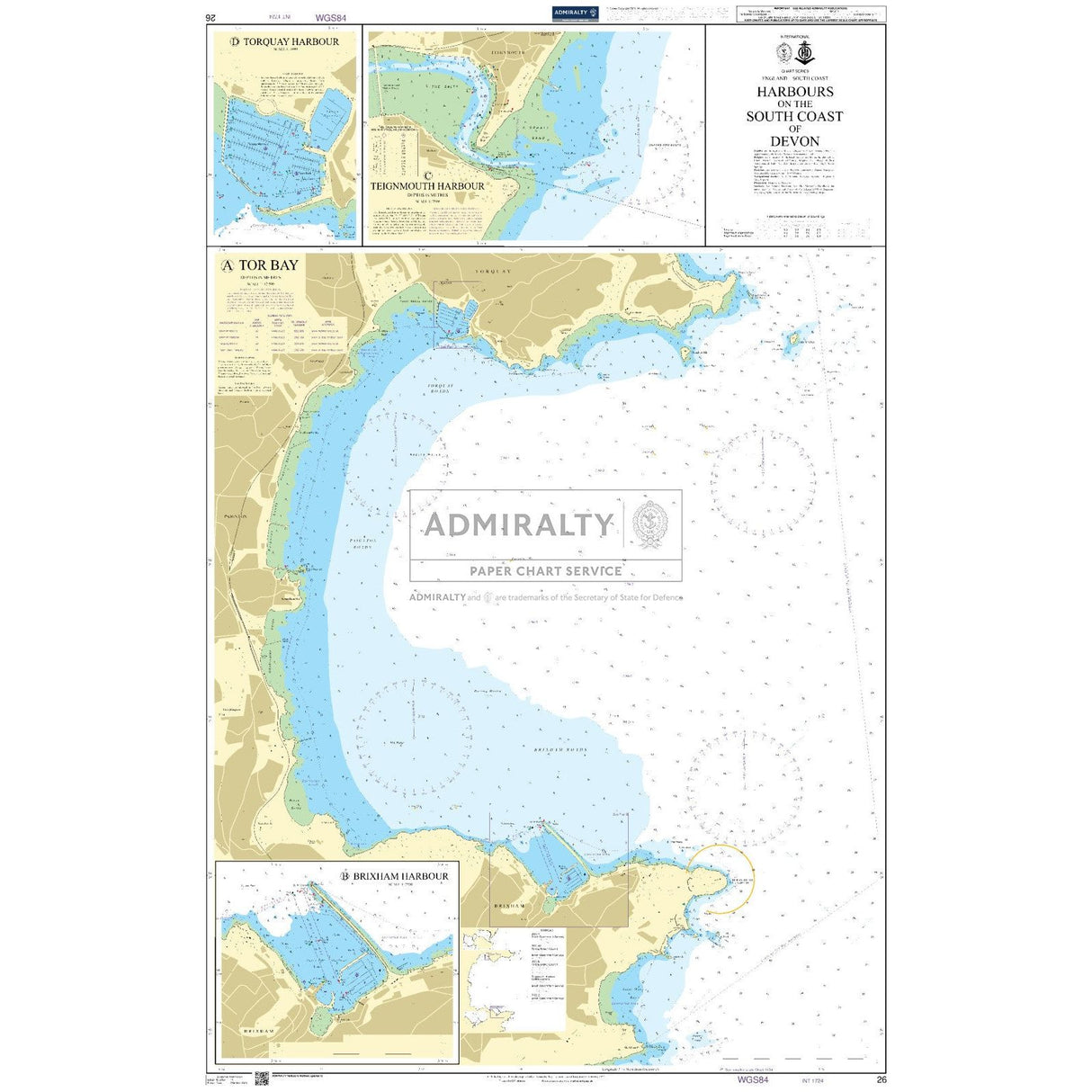 Admiralty Chart 26 features Torquay Harbour, Tor Bay, and Brixham Harbour with exact water depths, coastal details, and navigational aids for safe navigation. Insets provide detailed views of Torquay and Brixham Harbours on paper charts. Brand: Admiralty.