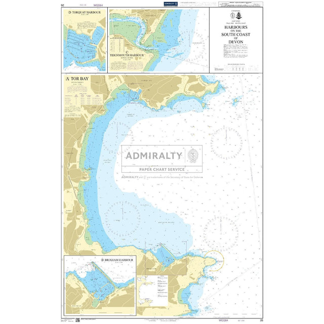 Admiralty Chart 26 features Torquay Harbour, Tor Bay, and Brixham Harbour with exact water depths, coastal details, and navigational aids for safe navigation. Insets provide detailed views of Torquay and Brixham Harbours on paper charts. Brand: Admiralty.