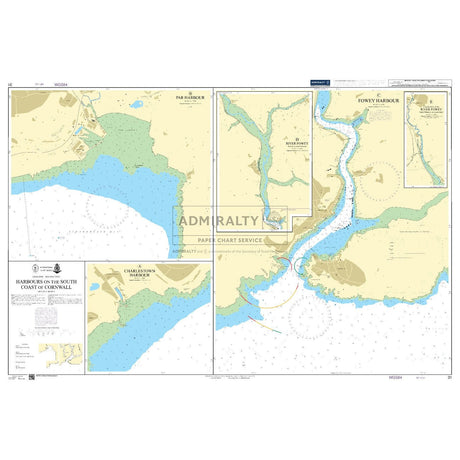 Admiralty Chart 31: Harbours on the South Coast of Cornwall offers a detailed nautical chart featuring harbor layouts for Par, Fowey, and Charlestown. It includes commercial routes, navigational aids, depths, land features, and inset views of each harbor.