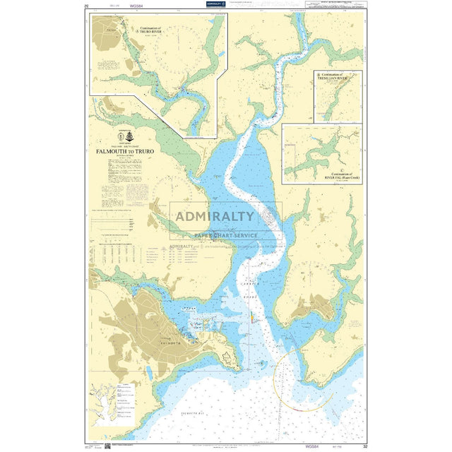 The Admiralty Chart 32: Falmouth to Truro by Admiralty displays maritime navigation routes, water depths, coastal features, and key area insets. The paper chart includes various navigational symbols and notes for mariners.