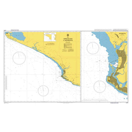 Product image of Admiralty Chart 2478 | Approaches to Monrovia, featuring navigational markings, depth soundings, and coastal features, essential for safe marine navigation. It could be displayed as an art piece or used for navigation on a boat or ship.