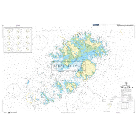 Admiralty Chart 34: Isles of Scilly by Admiralty features detailed paper charts with navigation markers, depth contours, and coordinates, along with harbor plan insets and navigational notes for precise guidance.