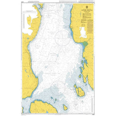 Product image of Admiralty Chart 2480 | Inner Sound Central Part, featuring navigational markings, depth soundings, and coastal features, essential for safe marine navigation. It could be displayed as an art piece or used for navigation on a boat or ship.