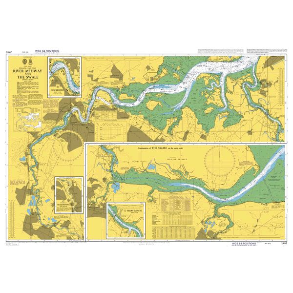 Product image of Admiralty Chart 2482 | River Medway and The Swale, featuring navigational markings, depth soundings, and coastal features, essential for safe marine navigation. It could be displayed as an art piece or used for navigation on a boat or ship.