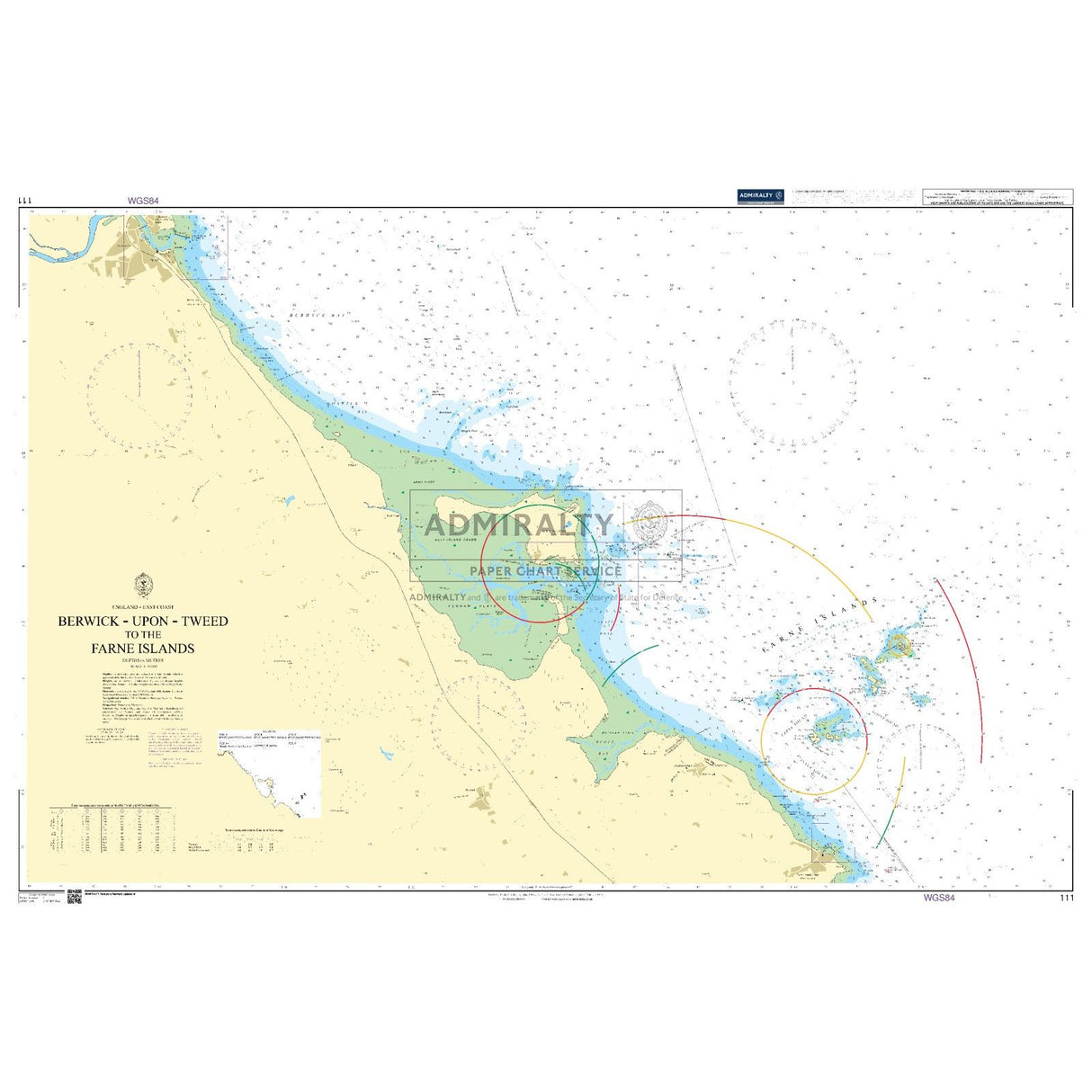 Admiralty Chart 111: Berwick-upon-Tweed to the Farne Islands by Admiralty shows water depths, coastal features, navigation aids, hazards, colored zones, and coordinate grids for safe navigation along this section of coast.