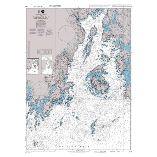 Product image of Admiralty Chart 2486 | Penobscot Bay and Approaches, featuring navigational markings, depth soundings, and coastal features, essential for safe marine navigation. It could be displayed as an art piece or used for navigation on a boat or ship.