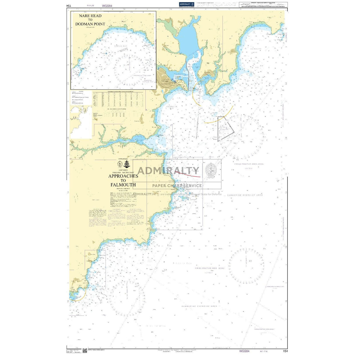 Admiralty Chart 154: Approaches to Falmouth by Admiralty highlights coastal lines, water depths, and navigational markers for deep-sea navigation. It details Nare Head and Dodman Point with maritime symbols and grids, perfect for navigating commercial shipping routes.