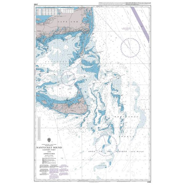 Product image of Admiralty Chart 2489 | Nantucket Sound Eastern Part and Approaches, featuring navigational markings, depth soundings, and coastal features, essential for safe marine navigation. It could be displayed as an art piece or used for navigation on a boat or ship.