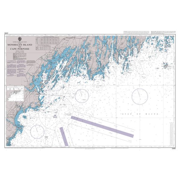 Product image of Admiralty Chart 2490 | Monhegan Island to Cape Porpoise, featuring navigational markings, depth soundings, and coastal features, essential for safe marine navigation. It could be displayed as an art piece or used for navigation on a boat or ship.