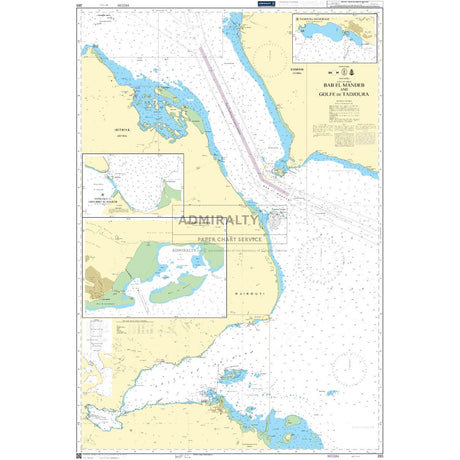 Admiralty Chart 265: Bab el Mandeb and Golfe de Tadjoura by Admiralty shows water depths, coastlines, navigational routes, islands, and maritime markings. Insets provide details of specific ports and coastal zones.