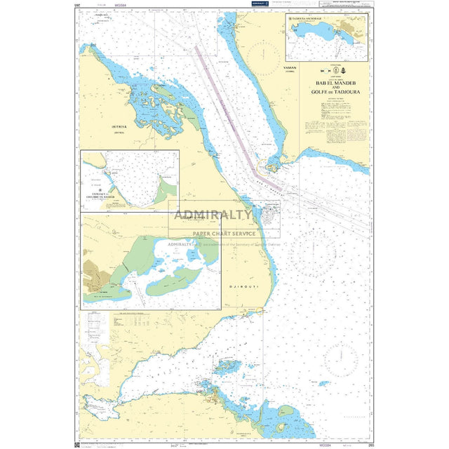 Admiralty Chart 265: Bab el Mandeb and Golfe de Tadjoura by Admiralty shows water depths, coastlines, navigational routes, islands, and maritime markings. Insets provide details of specific ports and coastal zones.